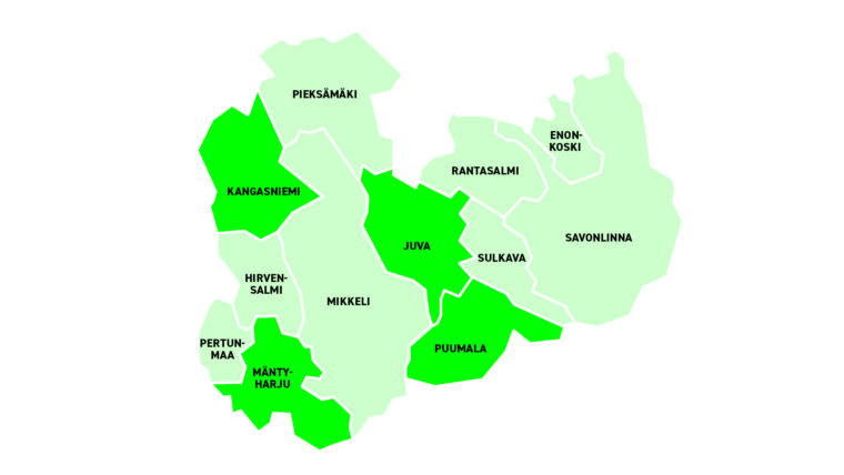 Etelä-Savon kuntien kartta, jossa 4 kuntaa on korostettu: Juva, Kangasniemi, Mäntyharju ja Puumala