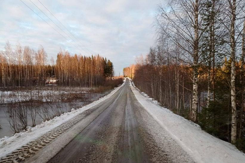 Kuvituskuva ojien ja puiden reunustamasta hiekkatiestä, jota nouseva tulvavesi uhkaa.