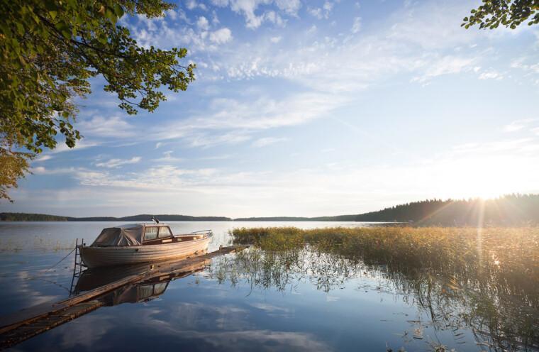 Aurinkoinen järvenrantamaisema jossa etualalla kaislikkoa, laituri ja puuvene