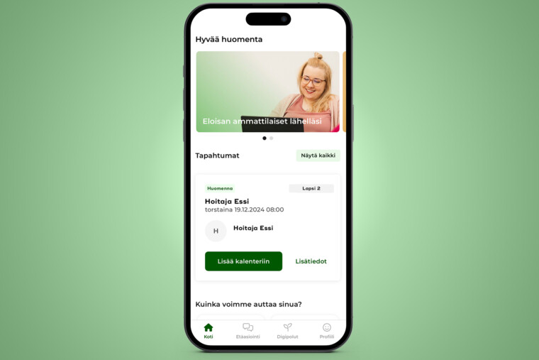 Näkymä älypuhelimesta, jonka näytöllä on avoinna OmaEloisa-sovelluksen etusivu