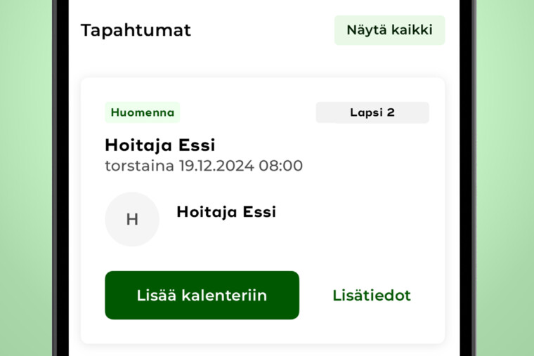 Suurennettu näkymä älypuhelimesta, jonka näytöllä on avoinna OmaEloisa-sovelluksen etusivu