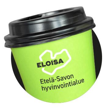 kuvituskuva, kertakäyttö kahvikuppi Eloisa Etelä-Savon hyvinvointialue logolla