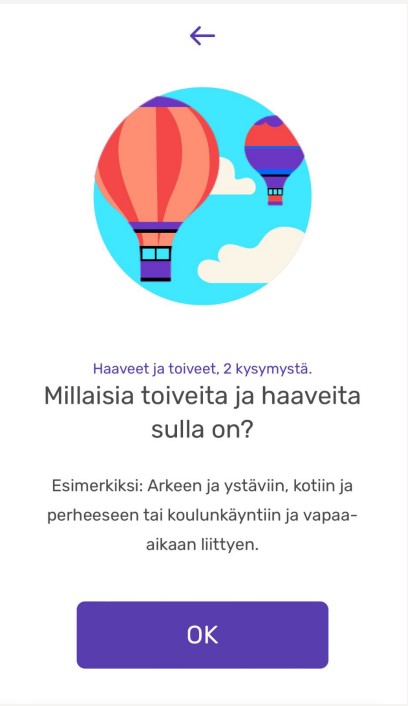 Lapsi mukaan -kyselyn Haaveet ja toiveet -osion aloituskuva. Kuvassa on piirrettyjä kuumailmapalloja ja kysymys "Millaisia toiveita ja haaveita sulla on?" ja esimerkkejä näistä asioista.