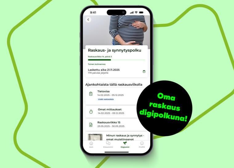 Näkymä OmaEloisa-sovelluksen Raskaus- ja synnytyspolusta