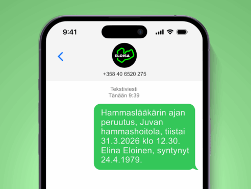 matkapuhelin jonka näytöllä tekstiviesti suun terveydenhuollon ajanvarauksen peruutuksesta