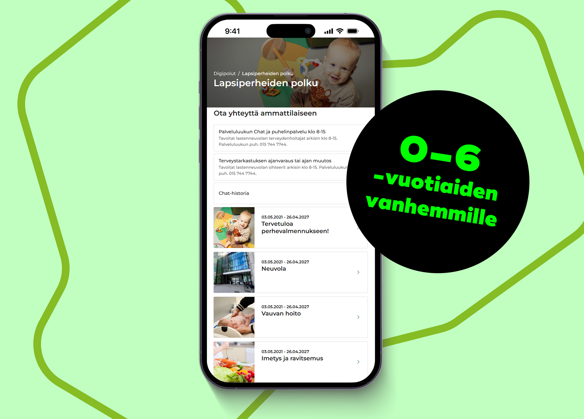 kuvituskuva lapsiperheiden digipolun näkymästä älypuhelimen ruudulla