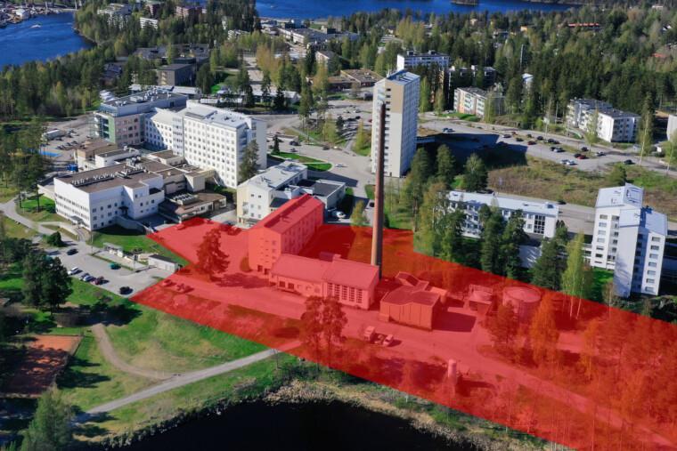 ilmakuva savonlinnan sairaala-alueesta, jossa merkitty punaisella purkutyömaan alue
