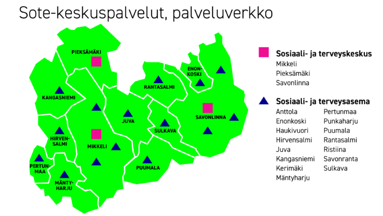 Terveyspalvelujen verkko, 3 sosiaali- ja terveyskeskusta sekä 15 sosiaali- ja terveysasemaa